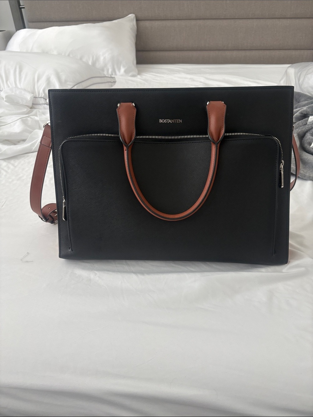 Bostanten Black Briefcase with Brown Trim - Professional Men's Leather Bag